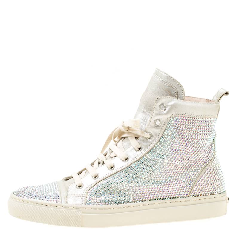 

Le Silla Light Grey Suede Crystal Embellished High Top Sneakers Size