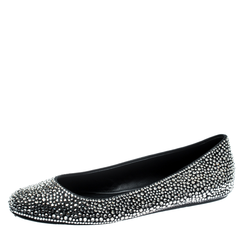 Pre Owned Le Silla Black Suede Crystal Embellished Ballet Flats Size 41
