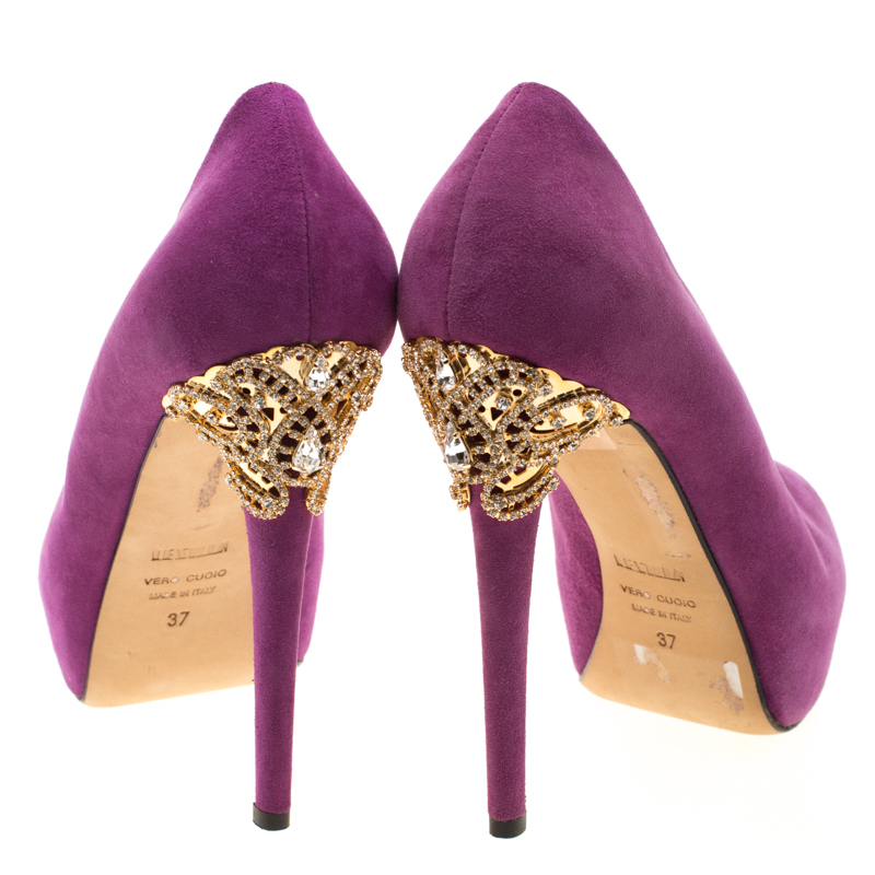 Pre-owned Le Silla Enio Silla For  Purple Suede Open Toe Crystal Embellished Heel Platform Pumps Size 37