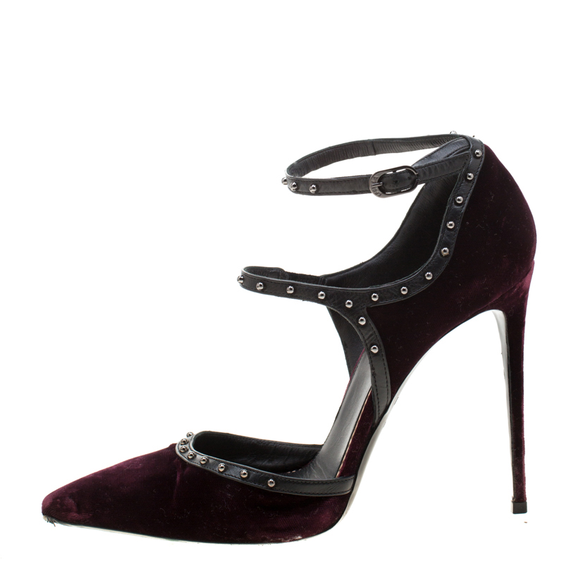 

Le Silla Burgundy Velvet And Leather Studded Ankle Strap Pumps Size