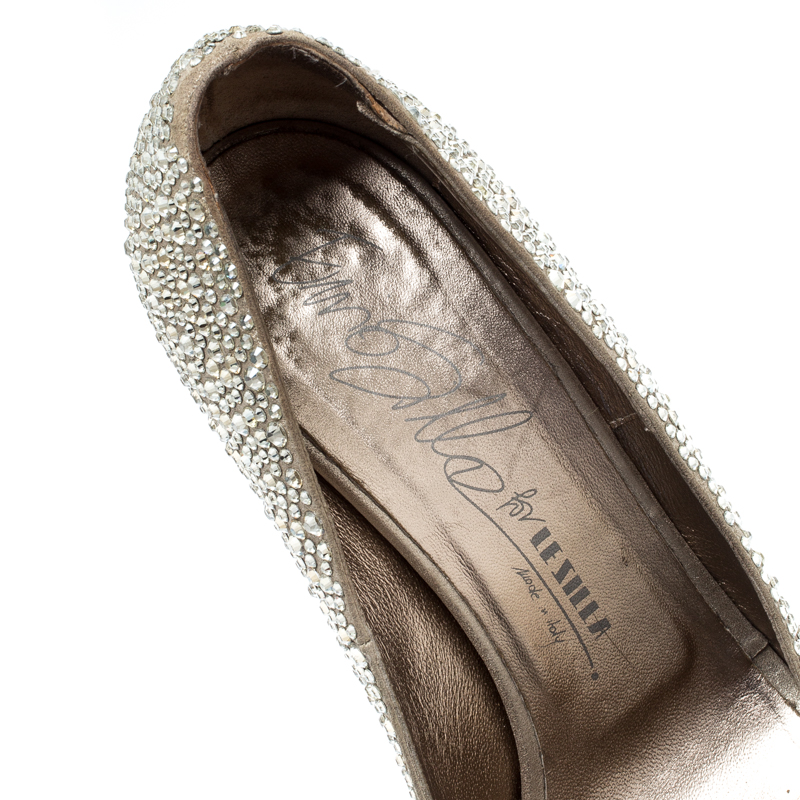 Pre-owned Le Silla Metallic Gold Crystal Embellished Leather Peep Toe Platform Pumps Size 39