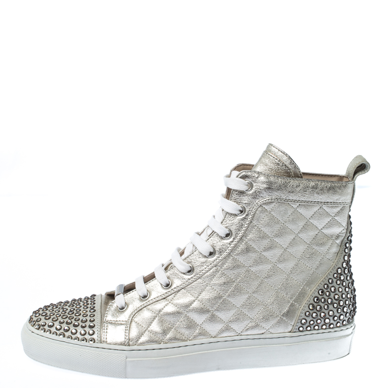 

Le Silla Pearl White Metallic Quilted Leather and Suede Crystal Embellished Lace High Top Sneakers Size