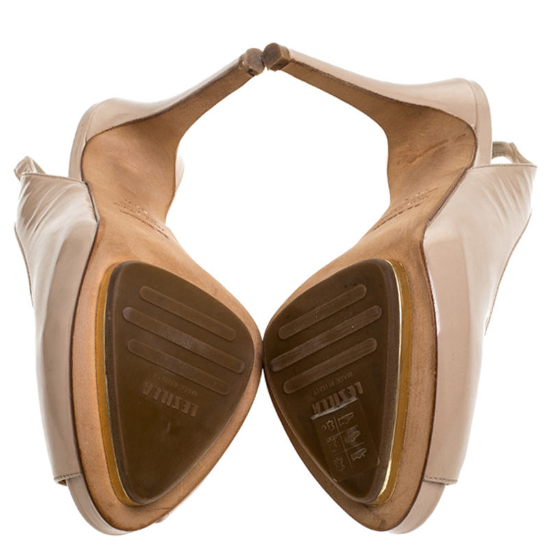 Pre-owned Le Silla Beige Leather Slingback Peep Toe Platform Sandals Size 36.5