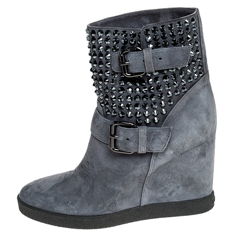 

Le Silla Ash Blue Studded Suede Buckle Wedge Boots Size