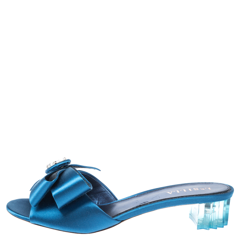 

Le Silla Blue Satin Crystal Embellished Bow Slip On Sandals Size