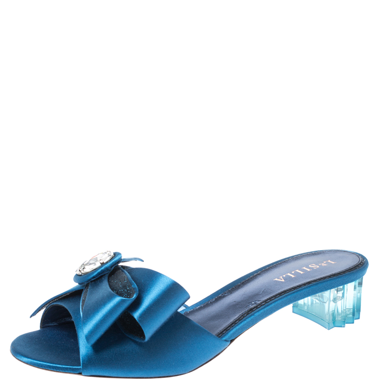 Pre Owned Le Silla Blue Satin Crystal Embellished Bow Slip On Sandals Size 40