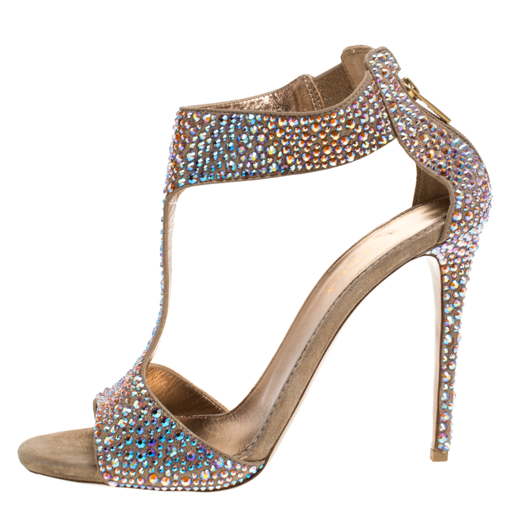 

Le Silla Gold Crystal Embellished Nubuck T-Bar Peep Toe Sandals Size