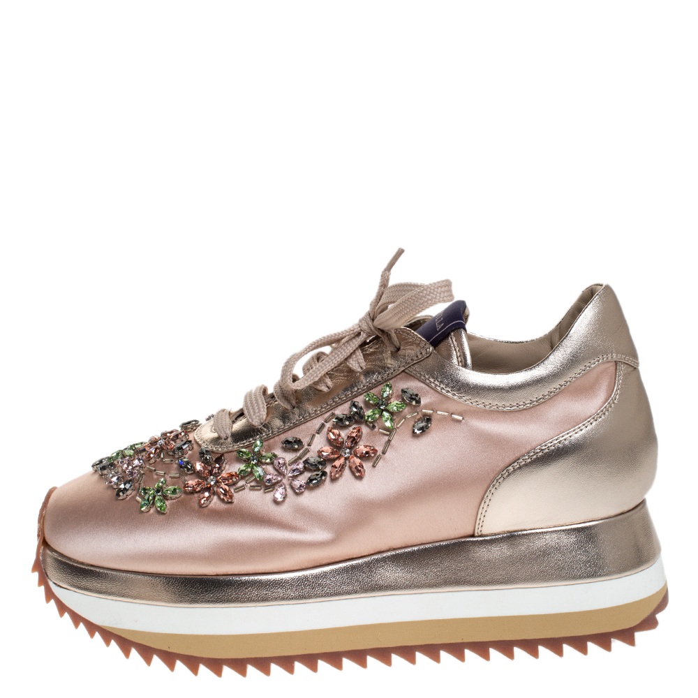 

Le Silla Rose Gold Crystal Embellished Satin and Leather Emily Sneakers Size