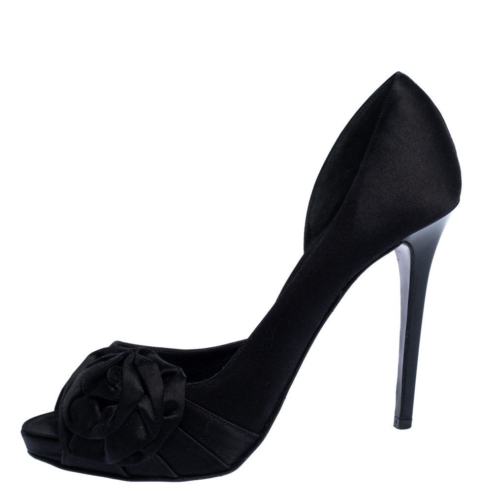 

Le Silla Black Satin Bow D'Orsay Peep Toe Pumps Size