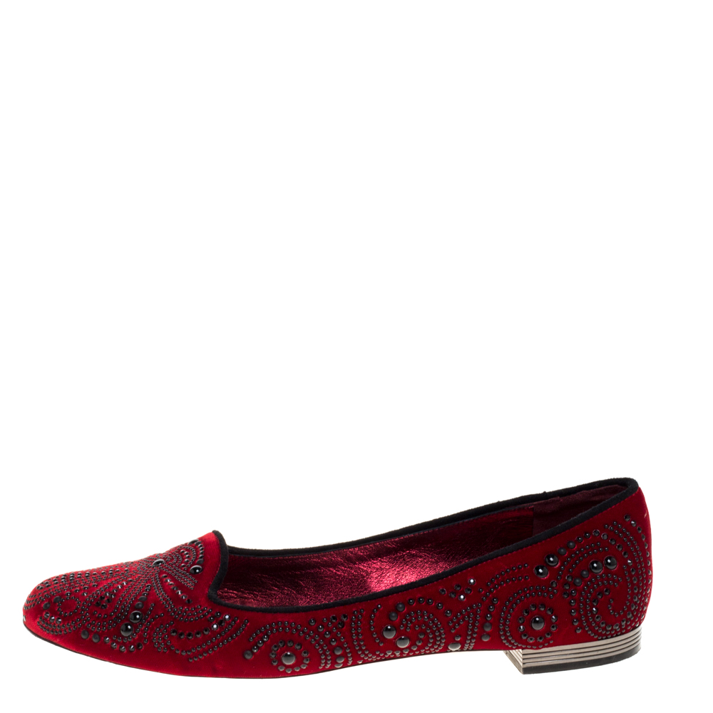 

Le Silla Red Velvet Crystal Embellished Smoking Slippers Size