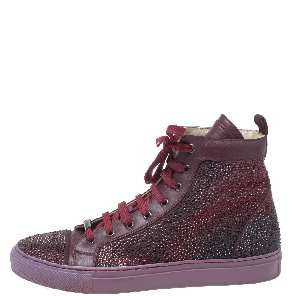 

Le Silla Burgundy Crystal Embellished Leather High Top Sneakers Size