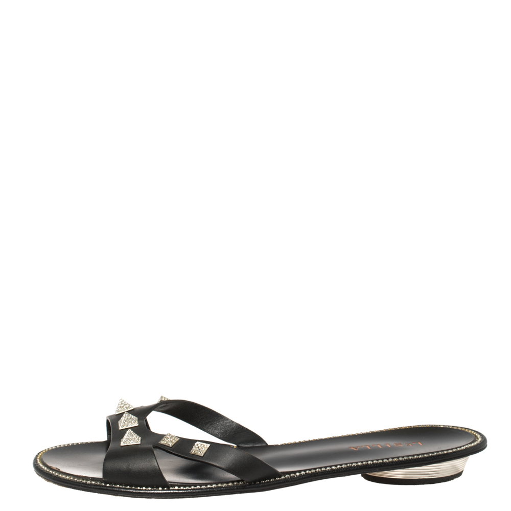 

Le Silla Black Leather Studded Flat Slide Sandals Size