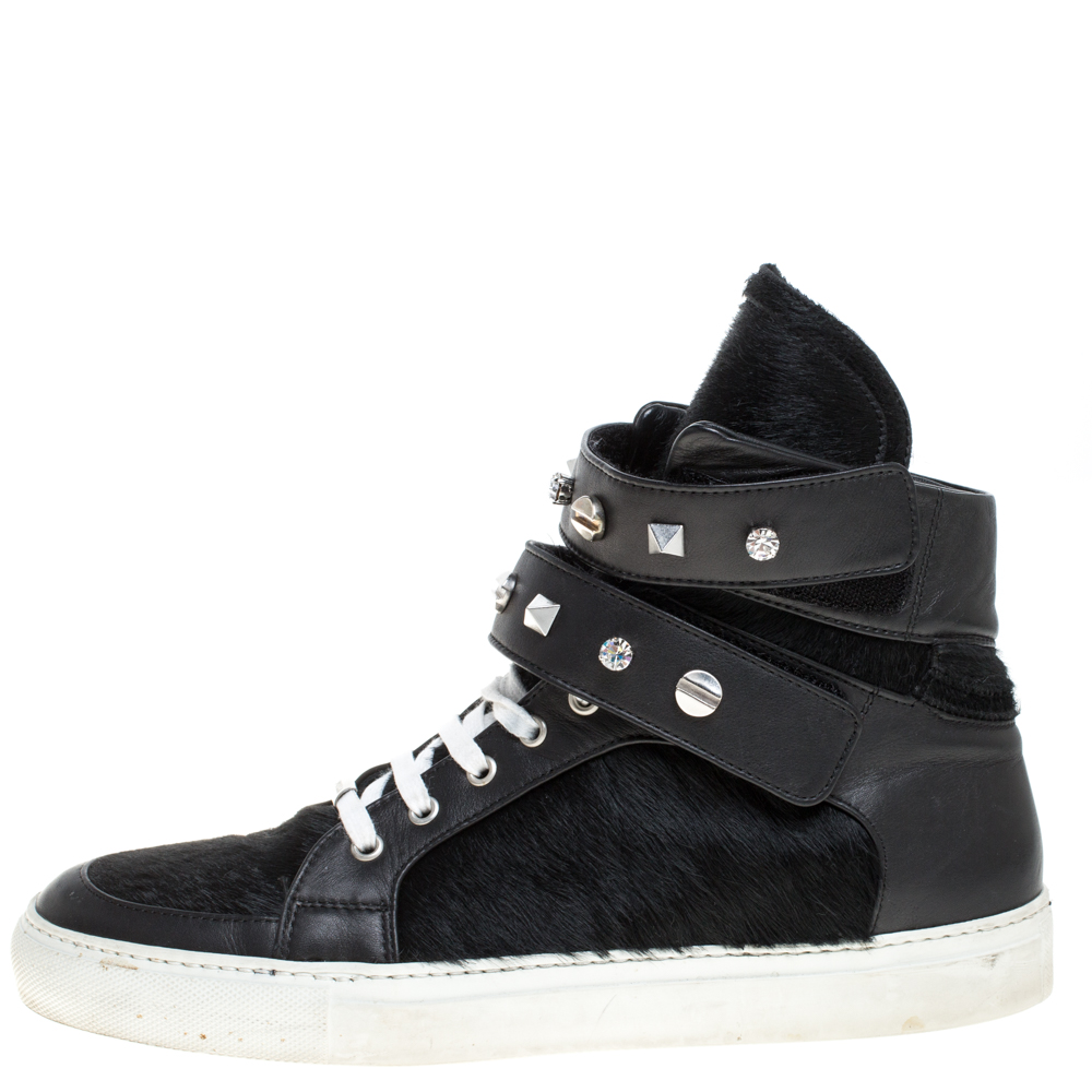 

Le Silla Black Calf Hair and Leather Crystal Embellished High Top Sneakers Size