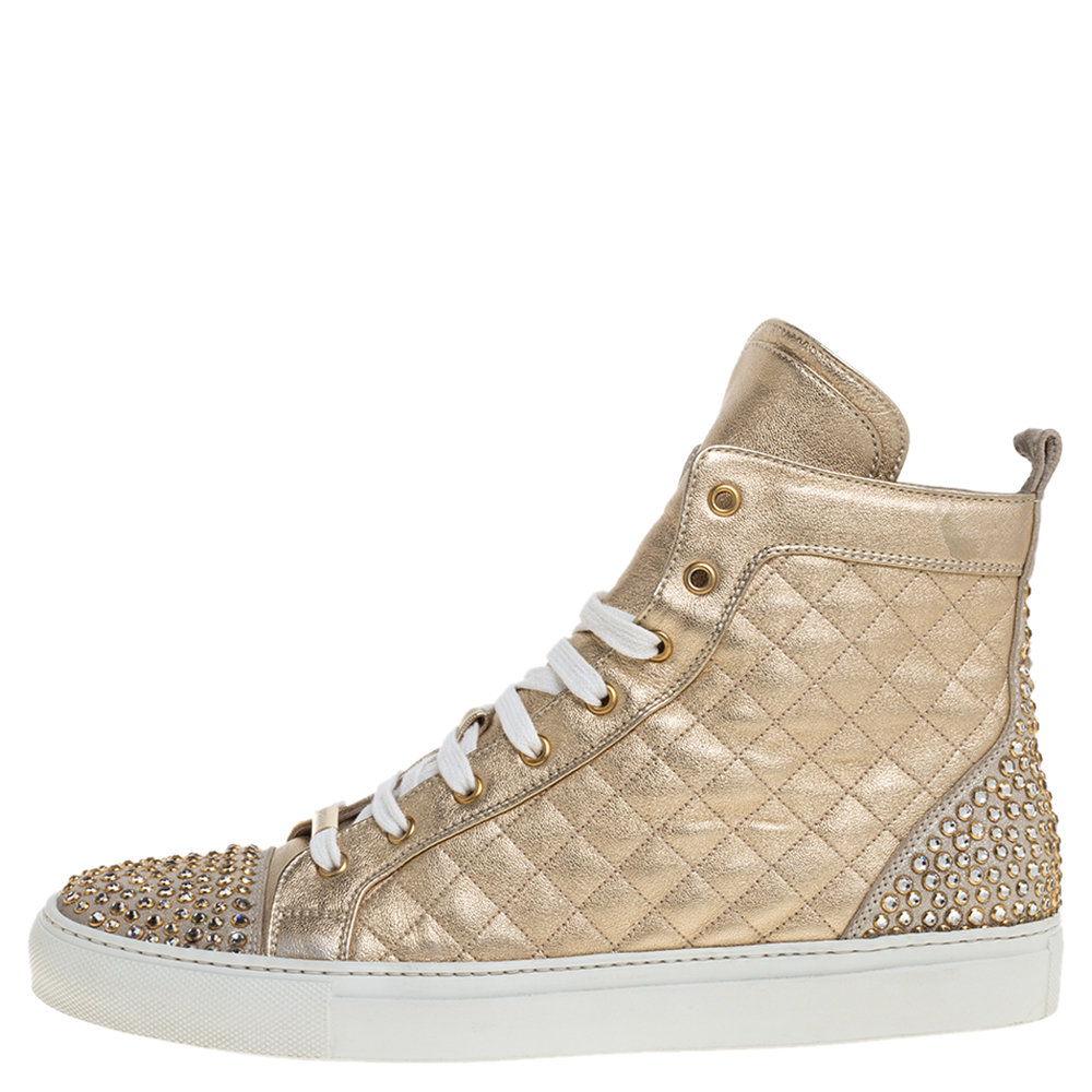 

Le Silla Gold Quilted Leather and Suede Crystal Embellished Lace High Top Sneakers Size