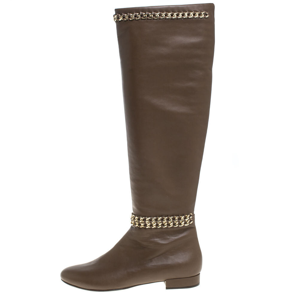 

Le Silla Brown Leather Chain Detail Knee High Boots Size