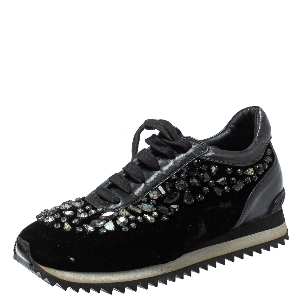 

Le Silla Black Velvet and Leather Crystal Embellished Low Top Sneakers Size