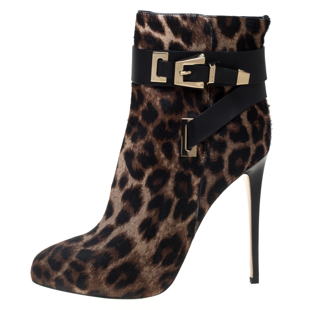 

Le Silla Brown/Beige Leopard Printed Calf Hair Ankle Boots Size