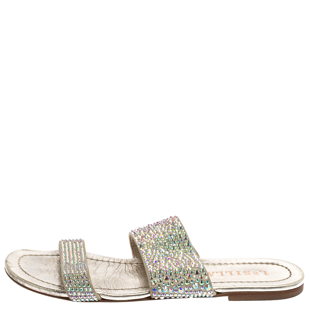 

Le Silla Gray Leather Crystal Embellished Flat Size, Silver