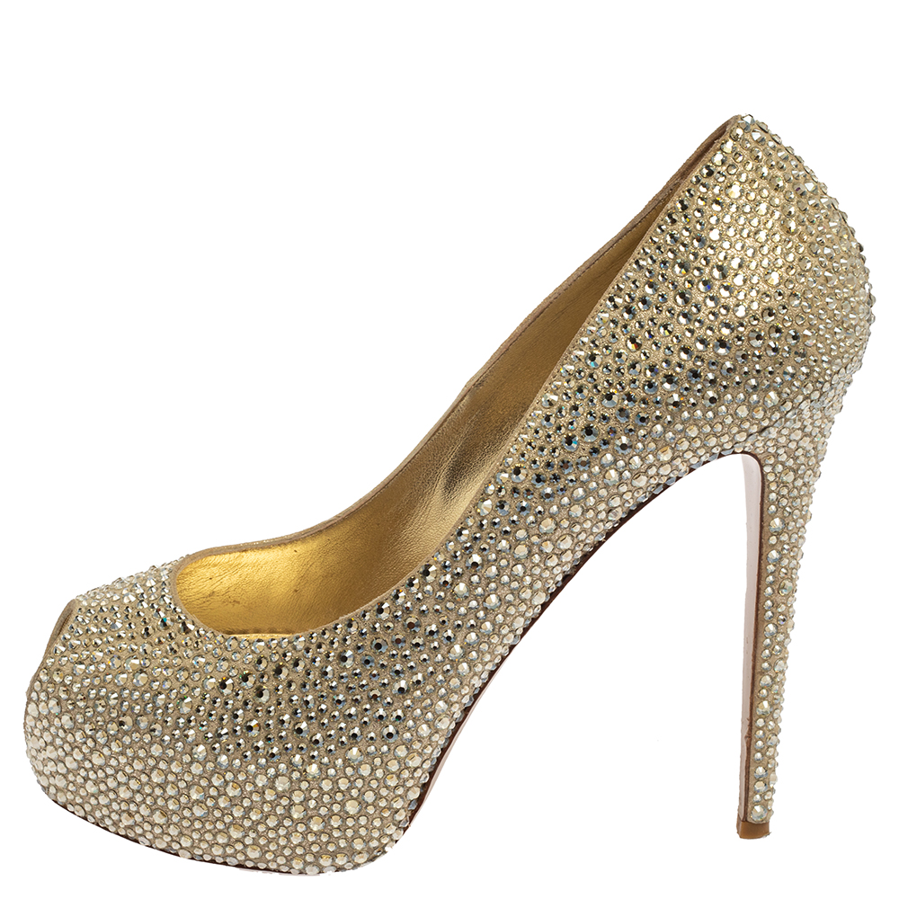 

Le Silla Metallic Gold Leather Crystal Embellished Peep Toe Platform Pumps Size