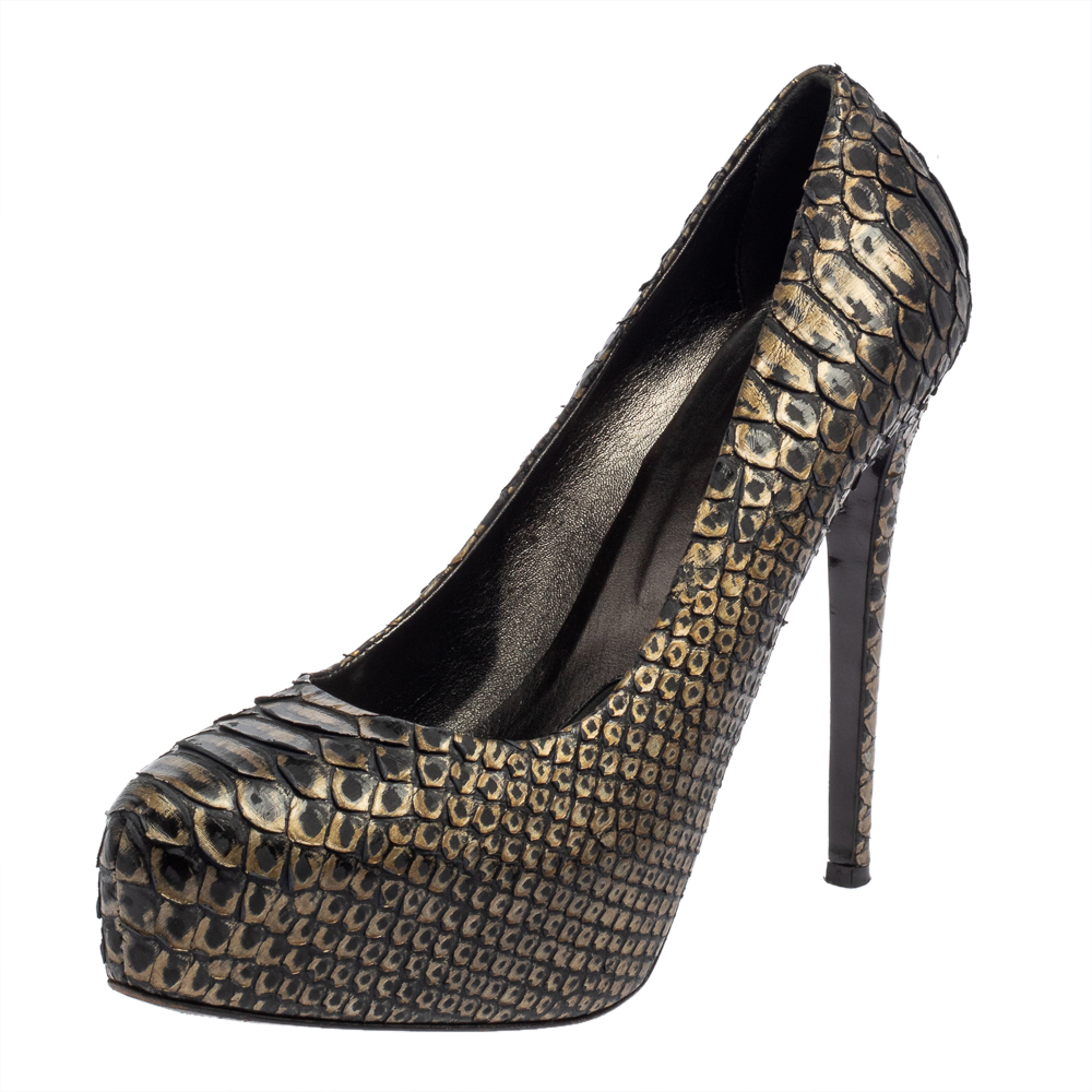 Pre-owned Le Silla Dark Green/gold Python Leather Platform Pumps Size 39