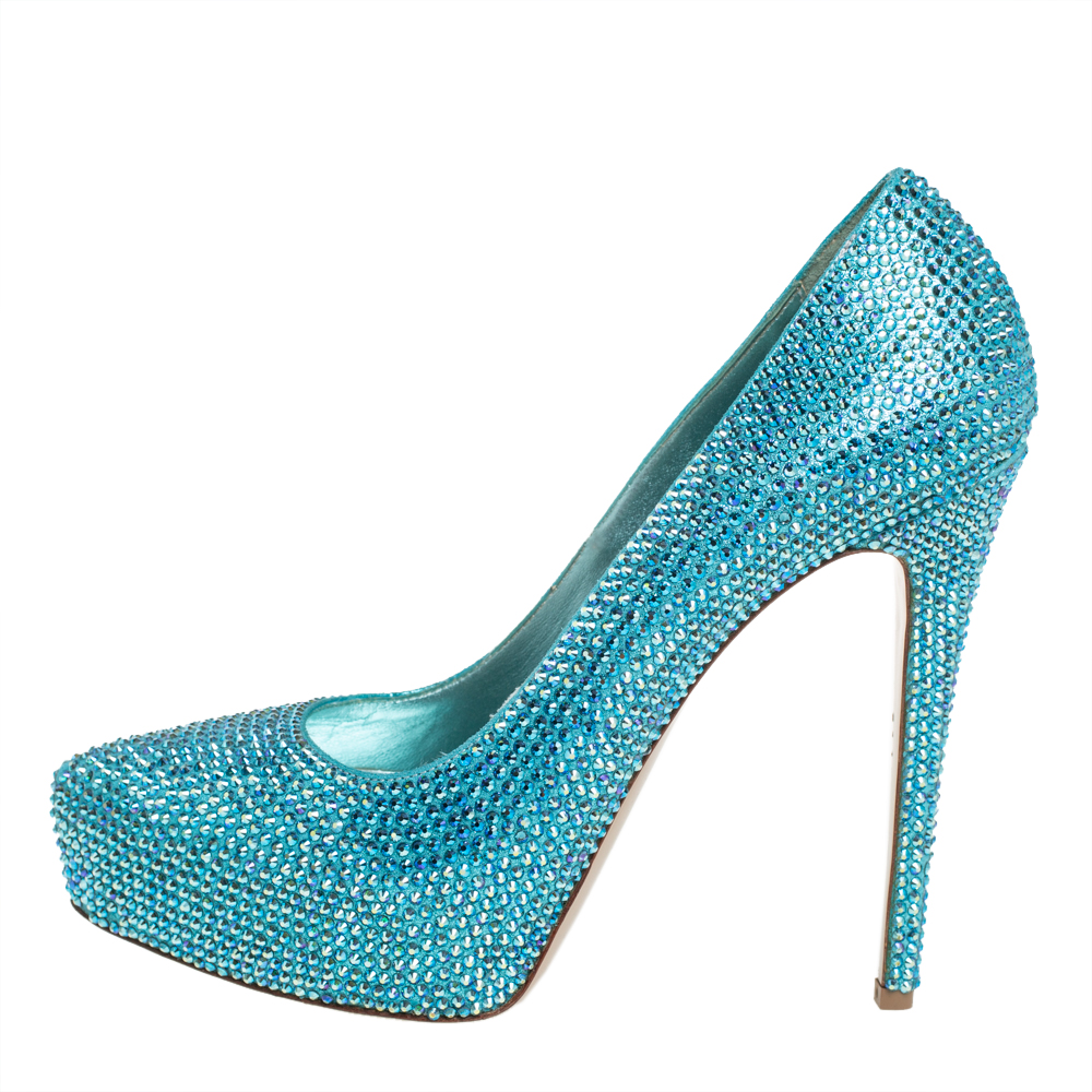 

Le Silla Metallic Blue Crystal Embellished Leather Peep Toe Platform Pumps Size