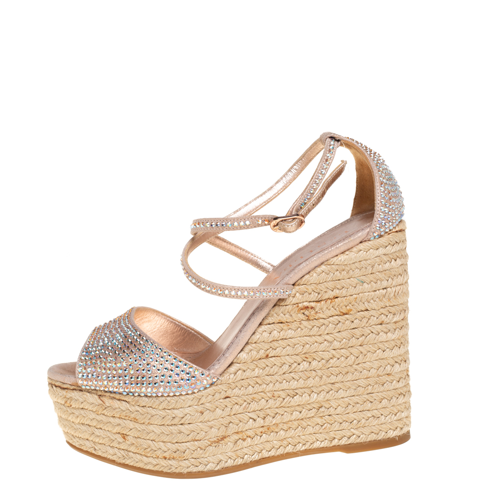 

Le Silla Pink Crystal Embellished Suede Espadrille Wedge Platform Ankle Strap Sandals Size