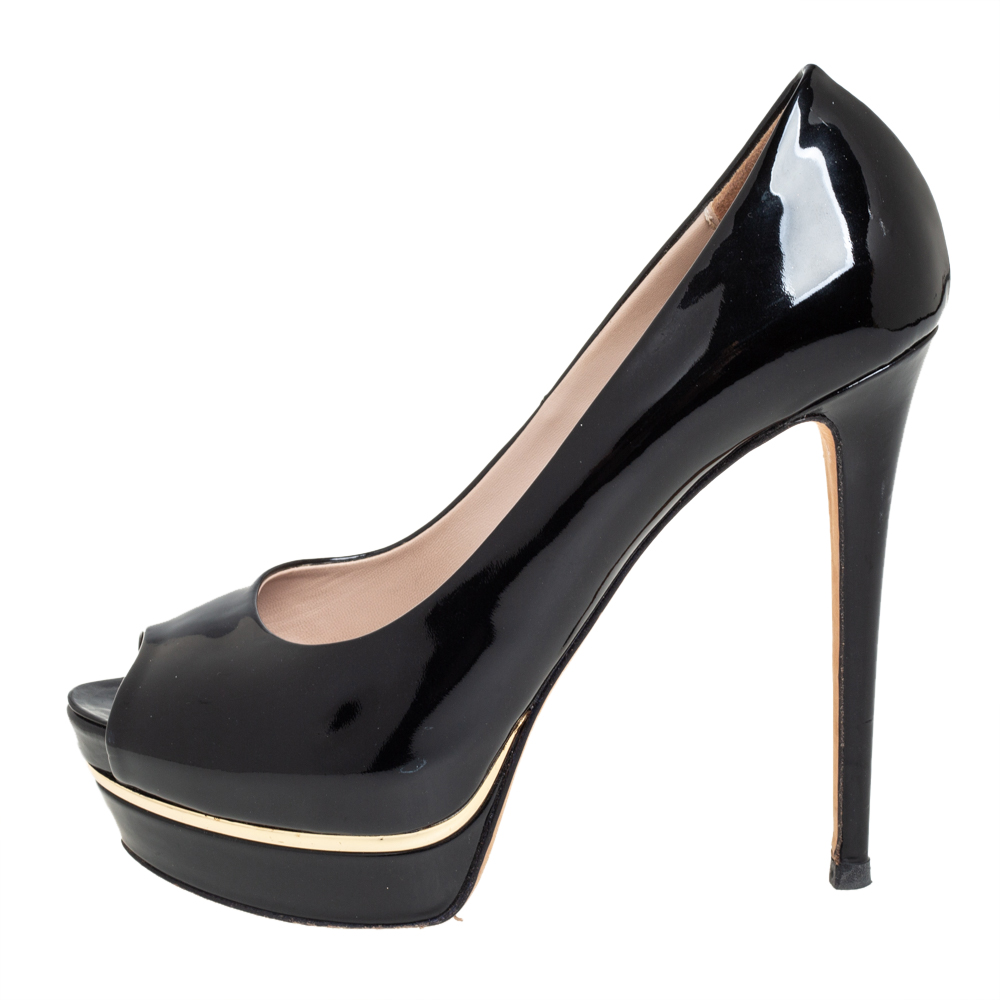 

Le Silla Black Patent Leather Platform Peep Toe Pumps Size