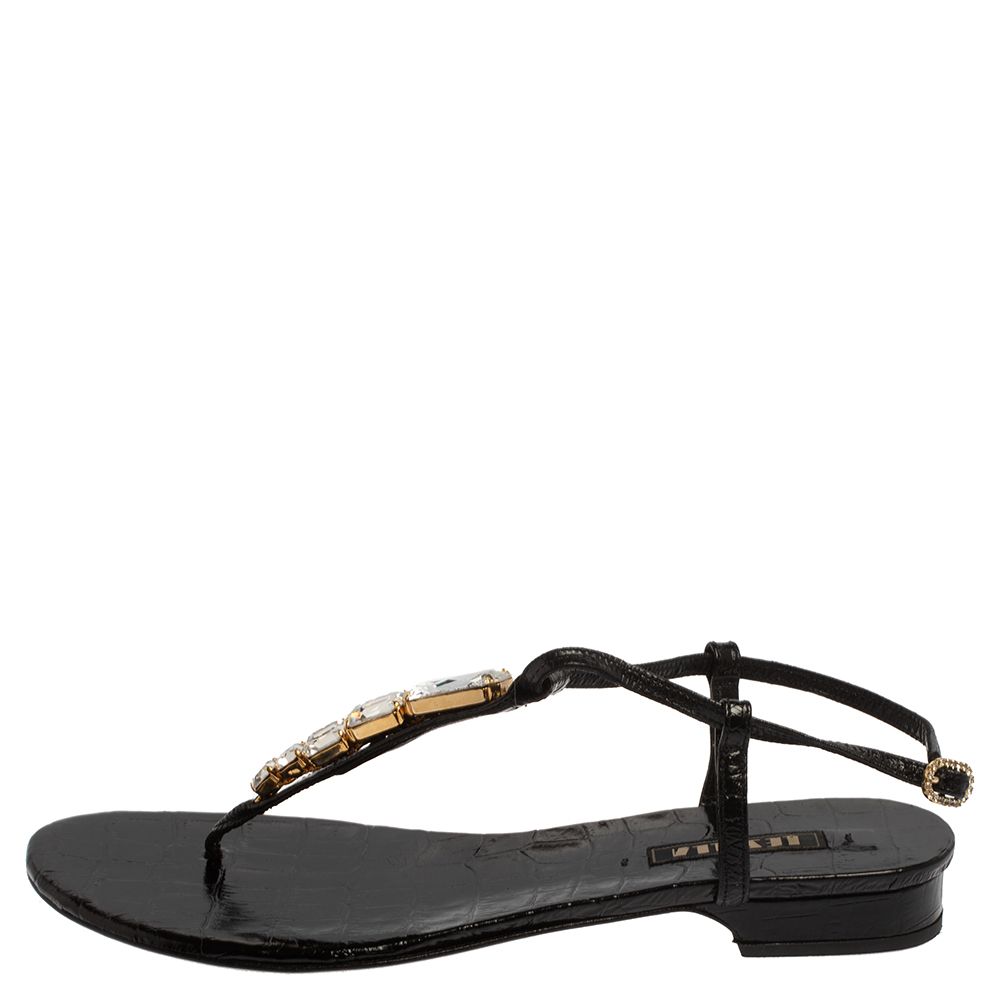 

Le Silla Black Patent Leather Crystal Embellished Thong Sandals Size