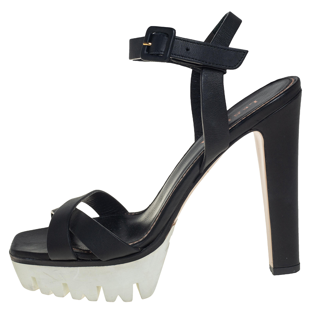 

Le Silla Black Leather Cross Strap Platform Sandals Size