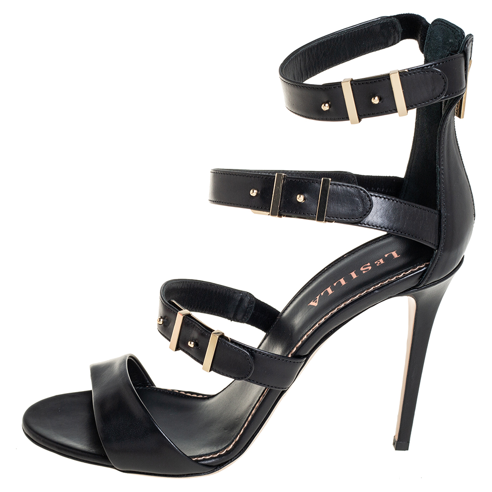 

Le Silla Black Faux Leather Minerva Strappy Sandals Size