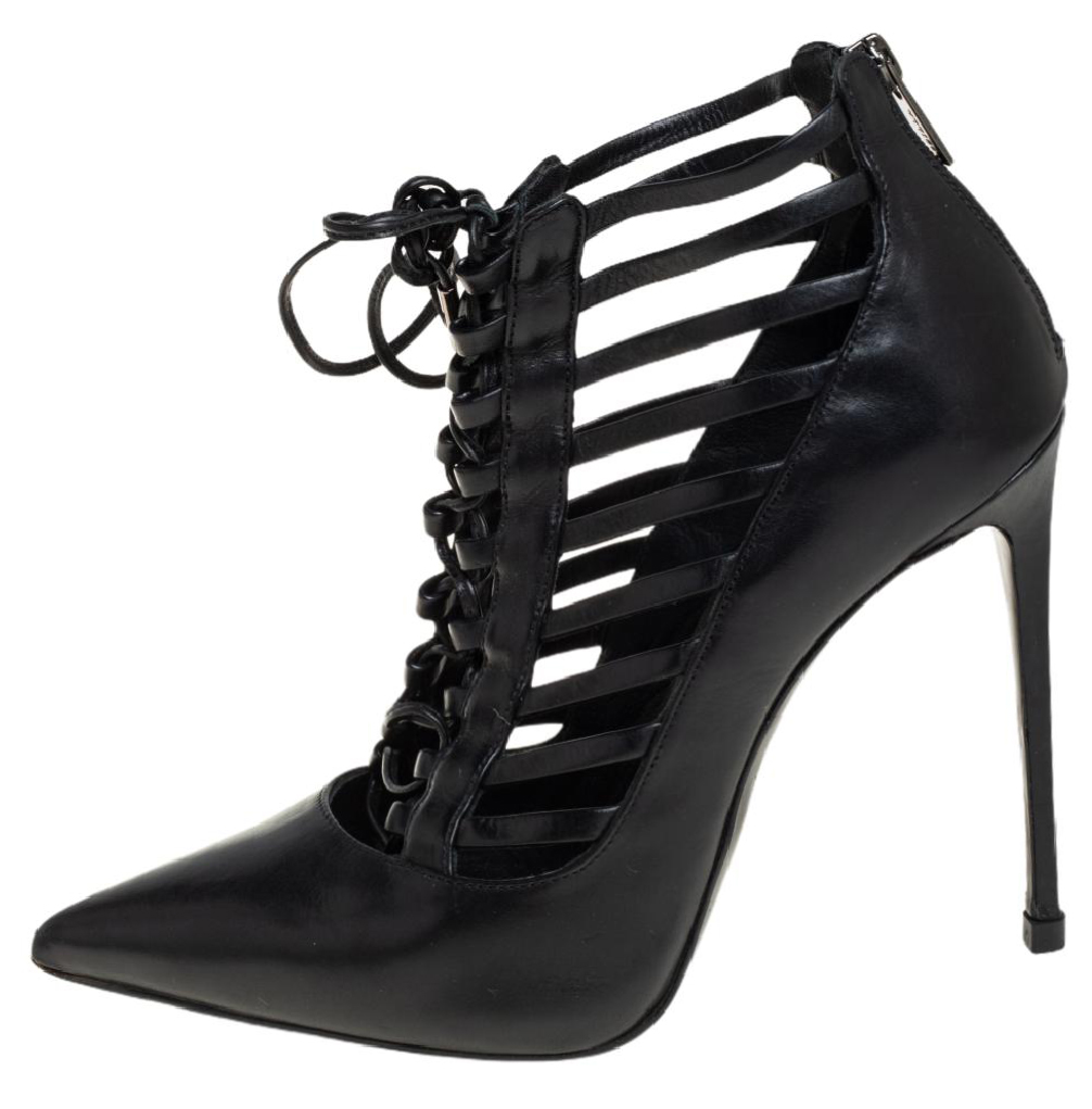 

Le Silla Black Leather Caged Pointed Toe Ankle Booties Size