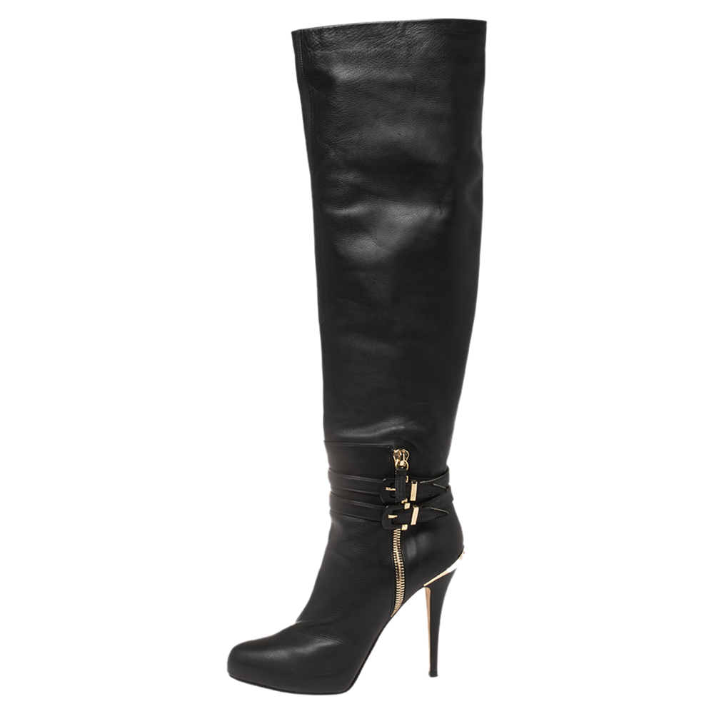 

Le Silla Black Leather Over The Knee Buckle Detail Platform Boots Size