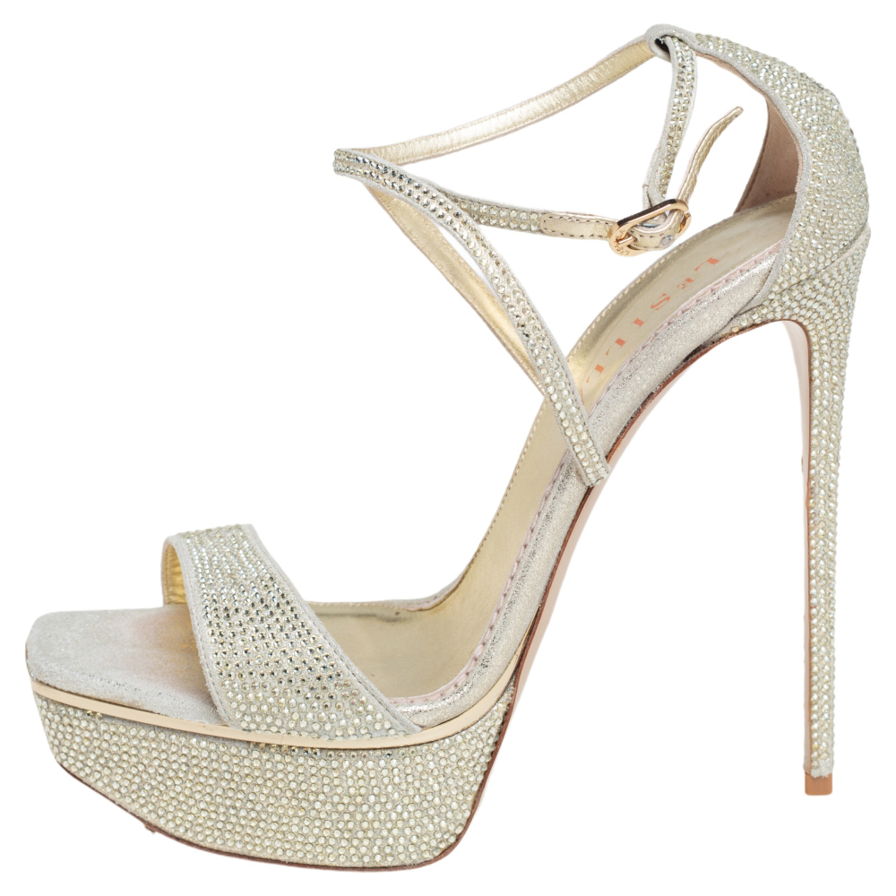 

Le Silla Gold Crystal Embellished Suede Platform Ankle Strap Sandals Size