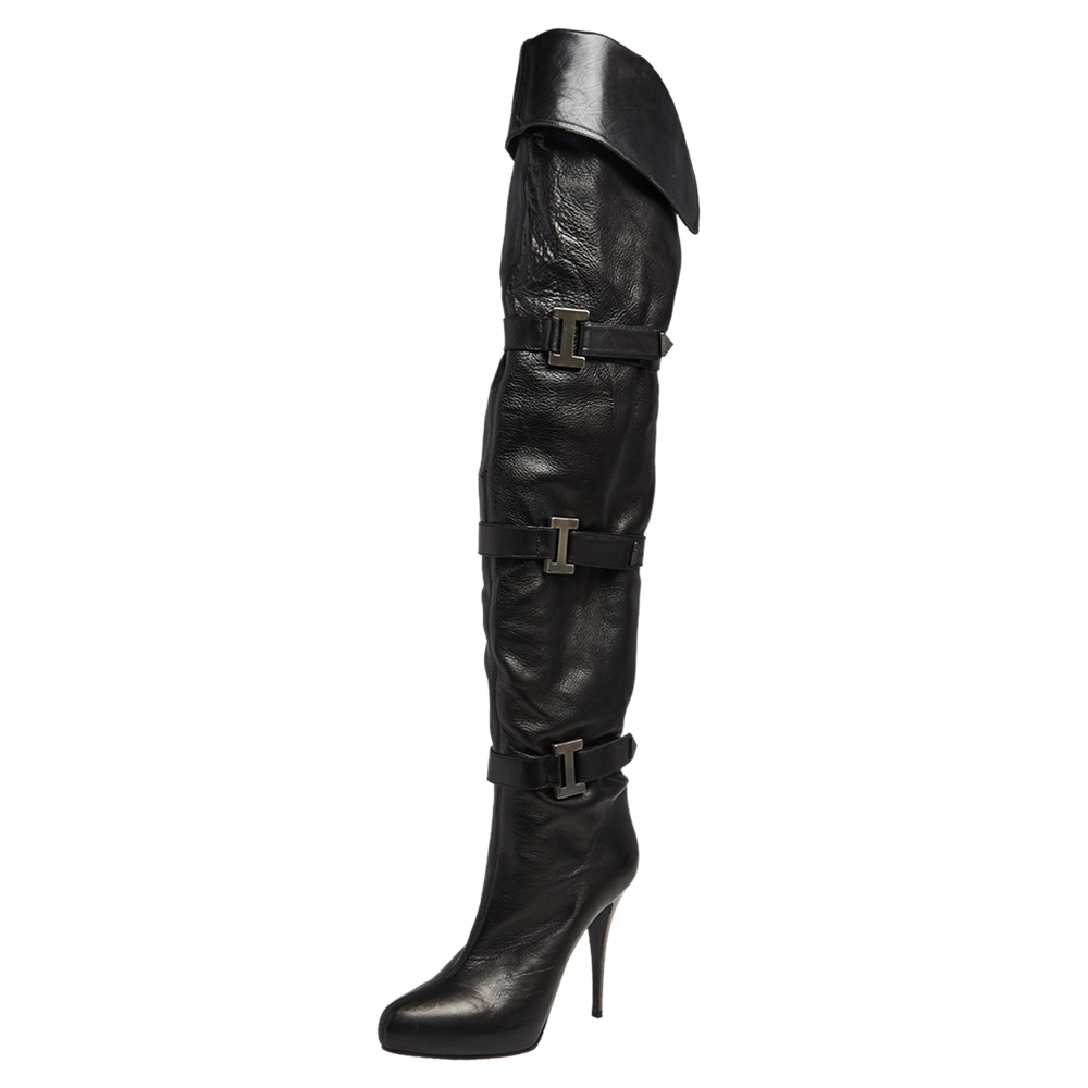 Pre Owned Le Silla Black Leather Studded Knee Length Boots Size 37.5