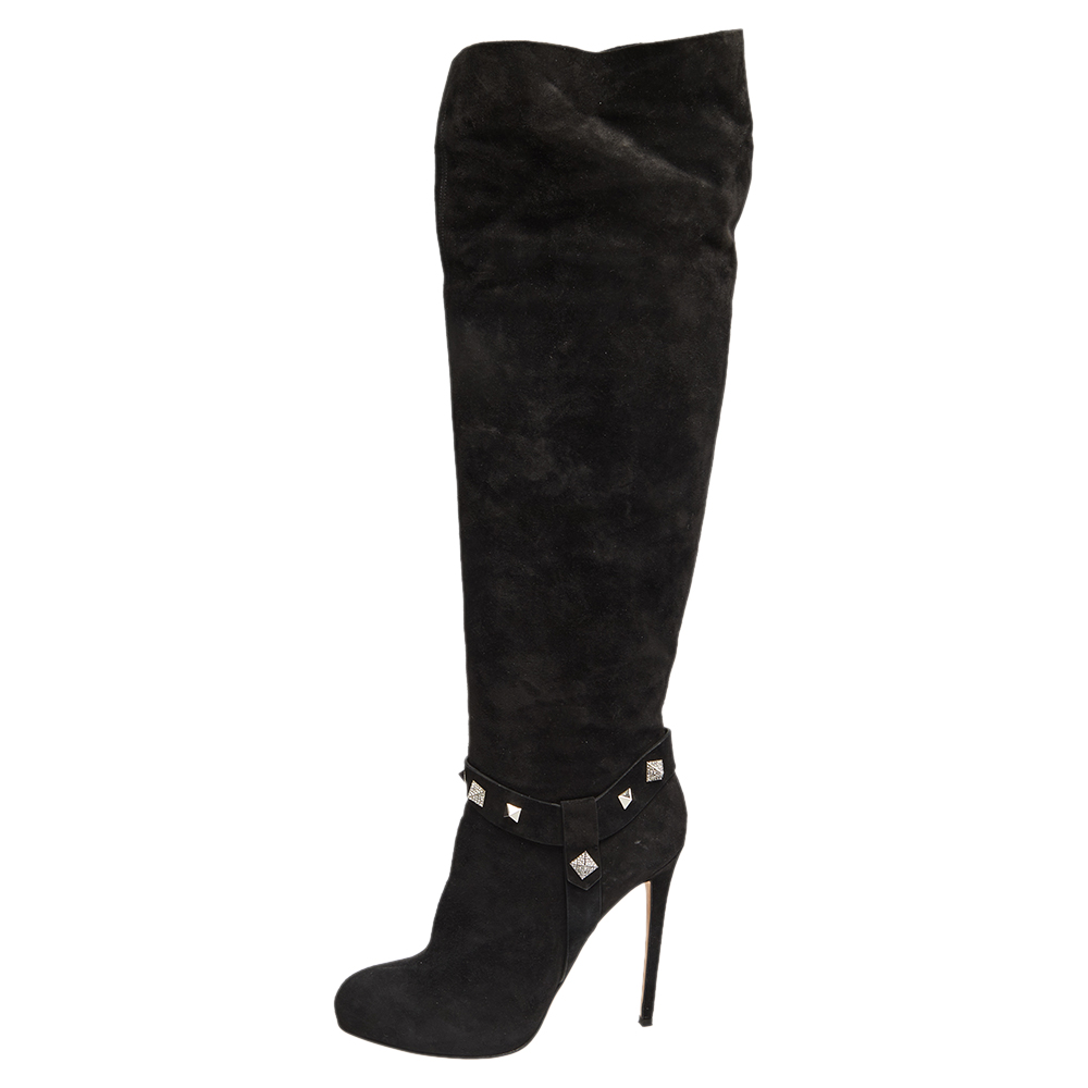 

Le Silla Black Suede Studded Knee Length Boots Size