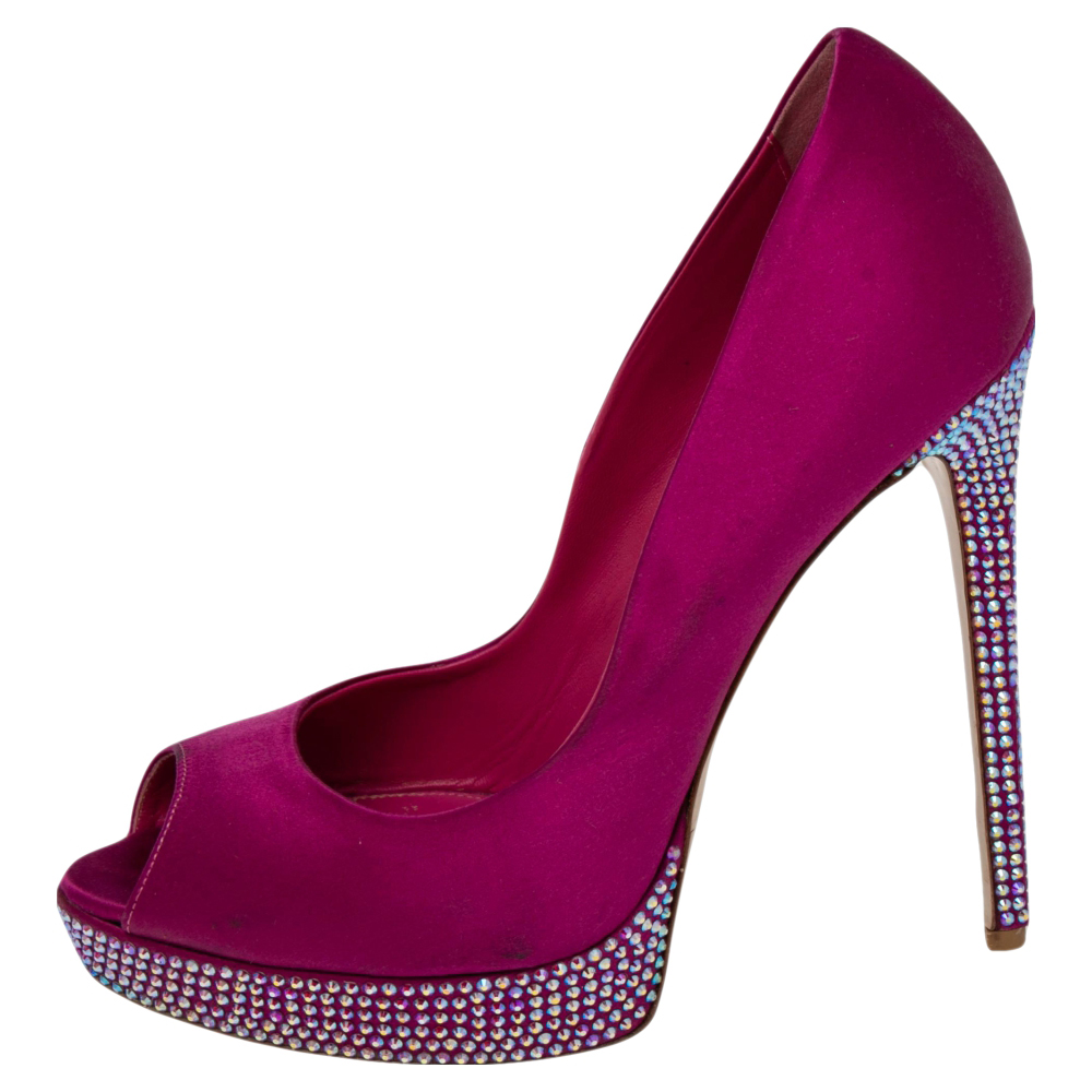 

Le Silla Pink Satin Crystal Embellished Platform Peep Toe Pumps Size