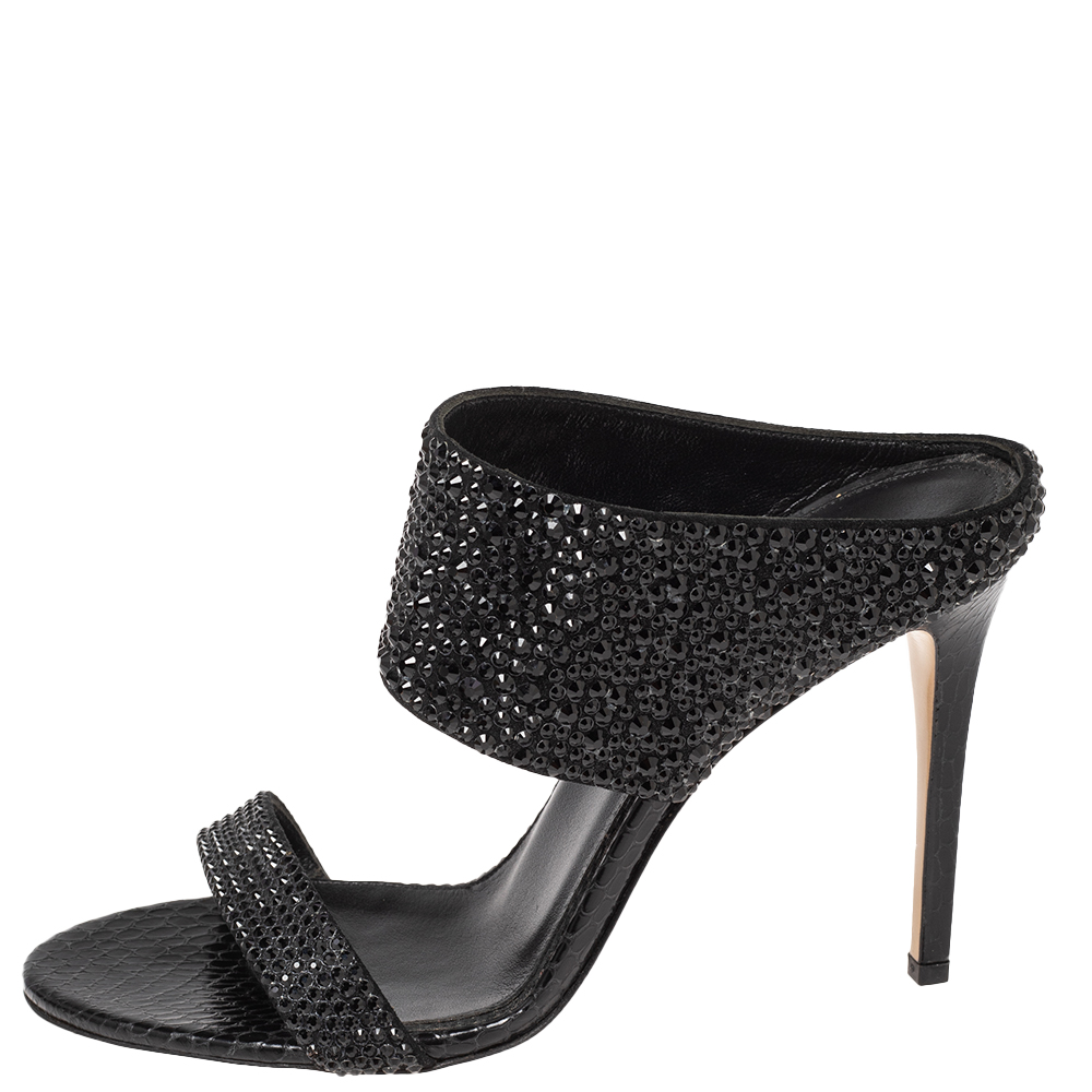 

Le Silla Black Suede Crystal Embellished Slide Sandals Size