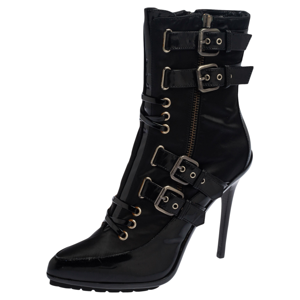 

Enio Silla For Le Silla Black Patent Leather And Nylon Platform Ankle Boots Size