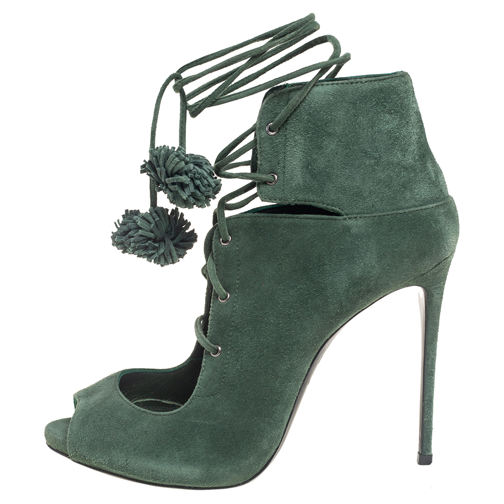 

Le Silla Green Suede Lace-Up Peep-Toe Ankle Boots Size