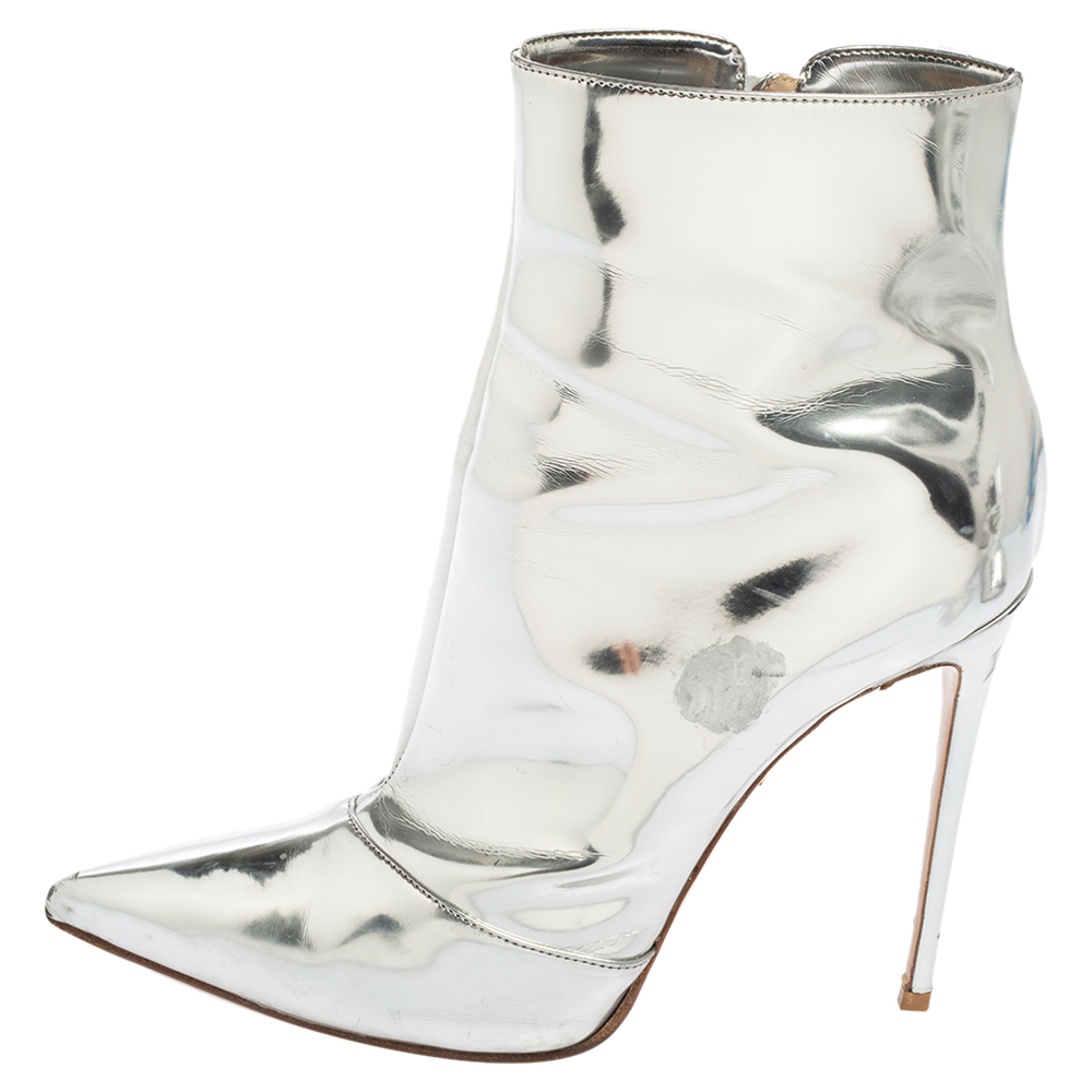 

Le Silla Silver Leather Pointed Toe Ankle Boots Size