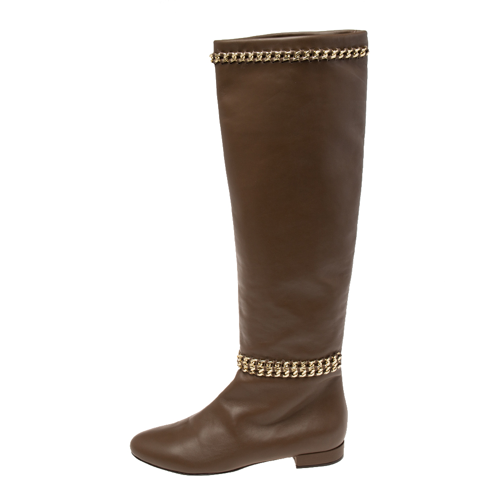 

Le Silla Brown Leather Chain Detail Knee Length Boots Size