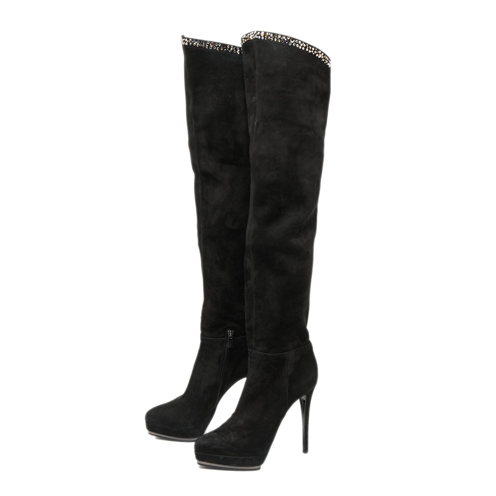 

Le Silla Black Suede Crystal Embellished Over Knee Length Boots Size