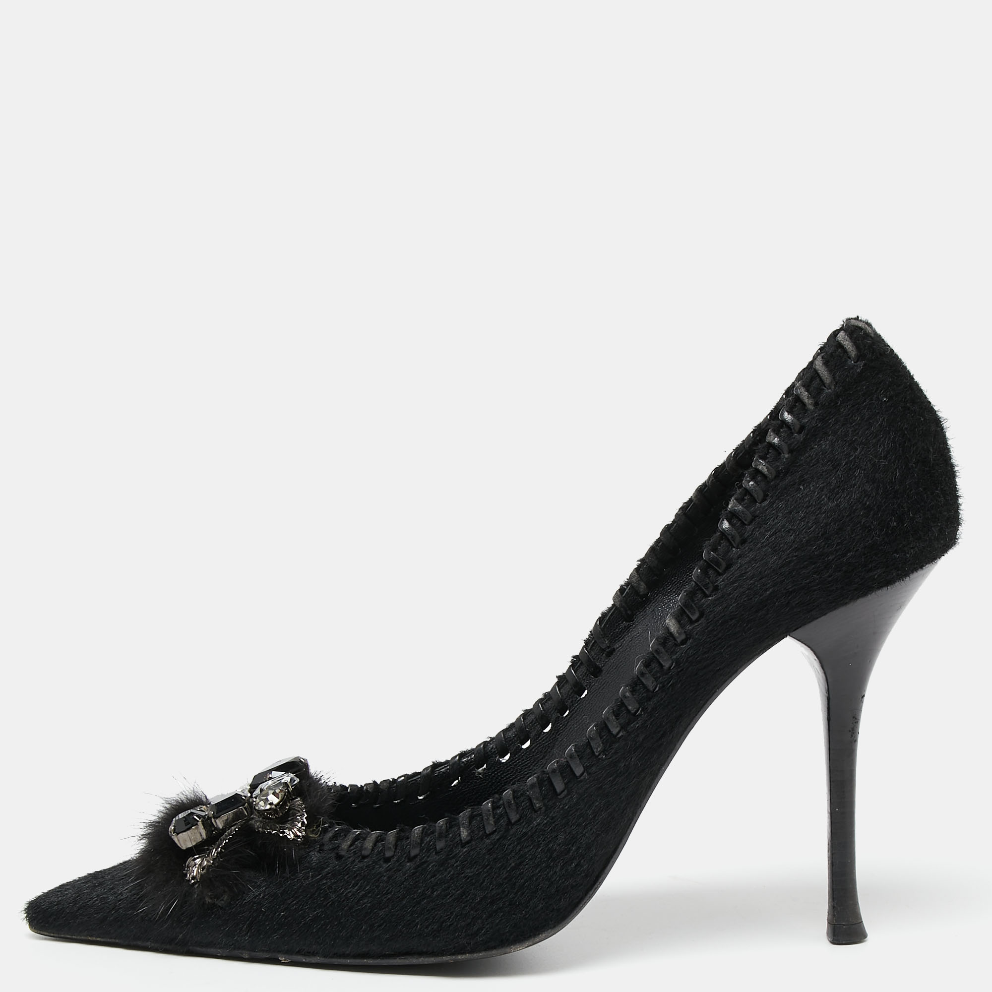 

Le Silla Black Calf Hair Crystal Embellished Pointed Toe Pumps Size