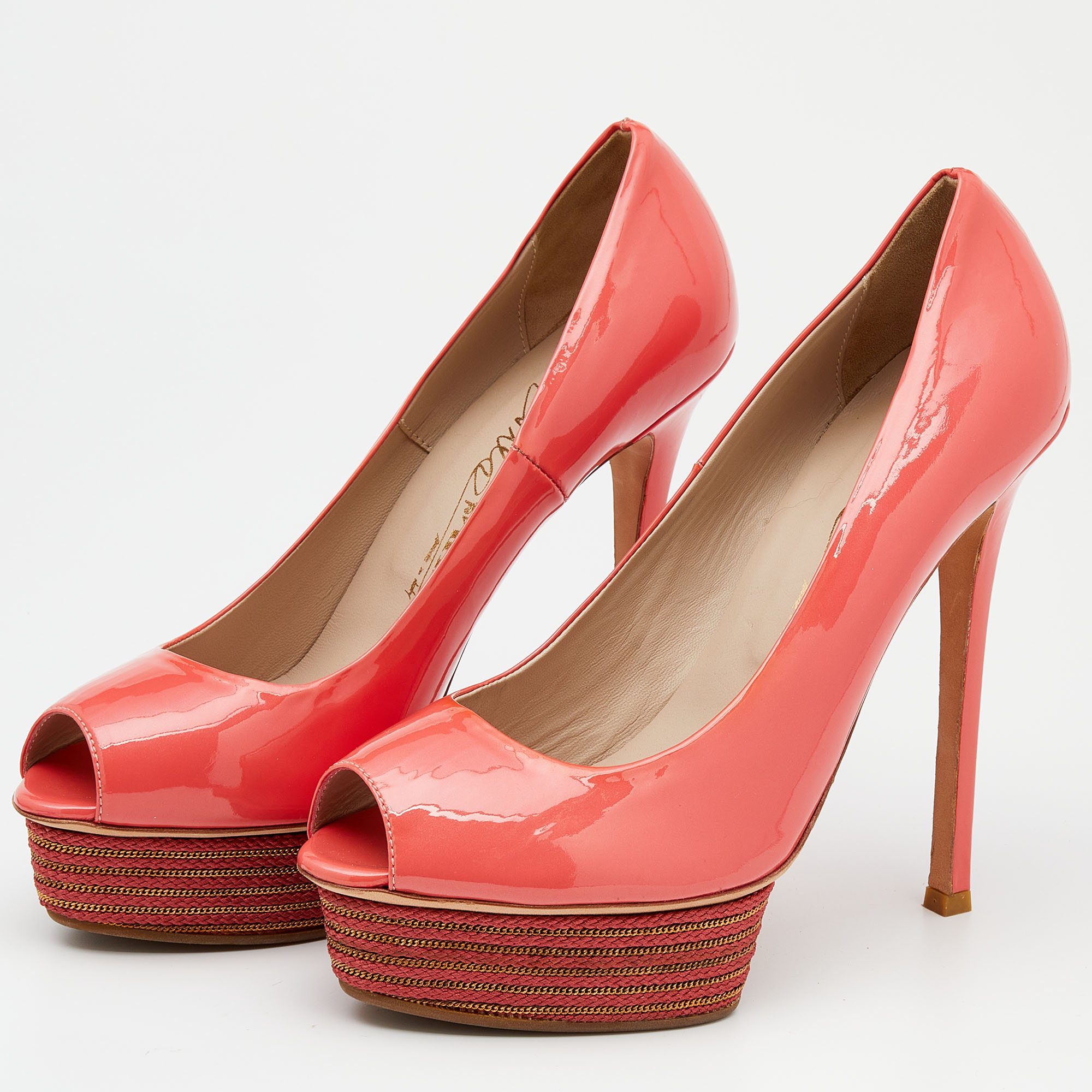 

Le Silla Coral Orange Patent Leather Peep Toe Platform Pumps Size