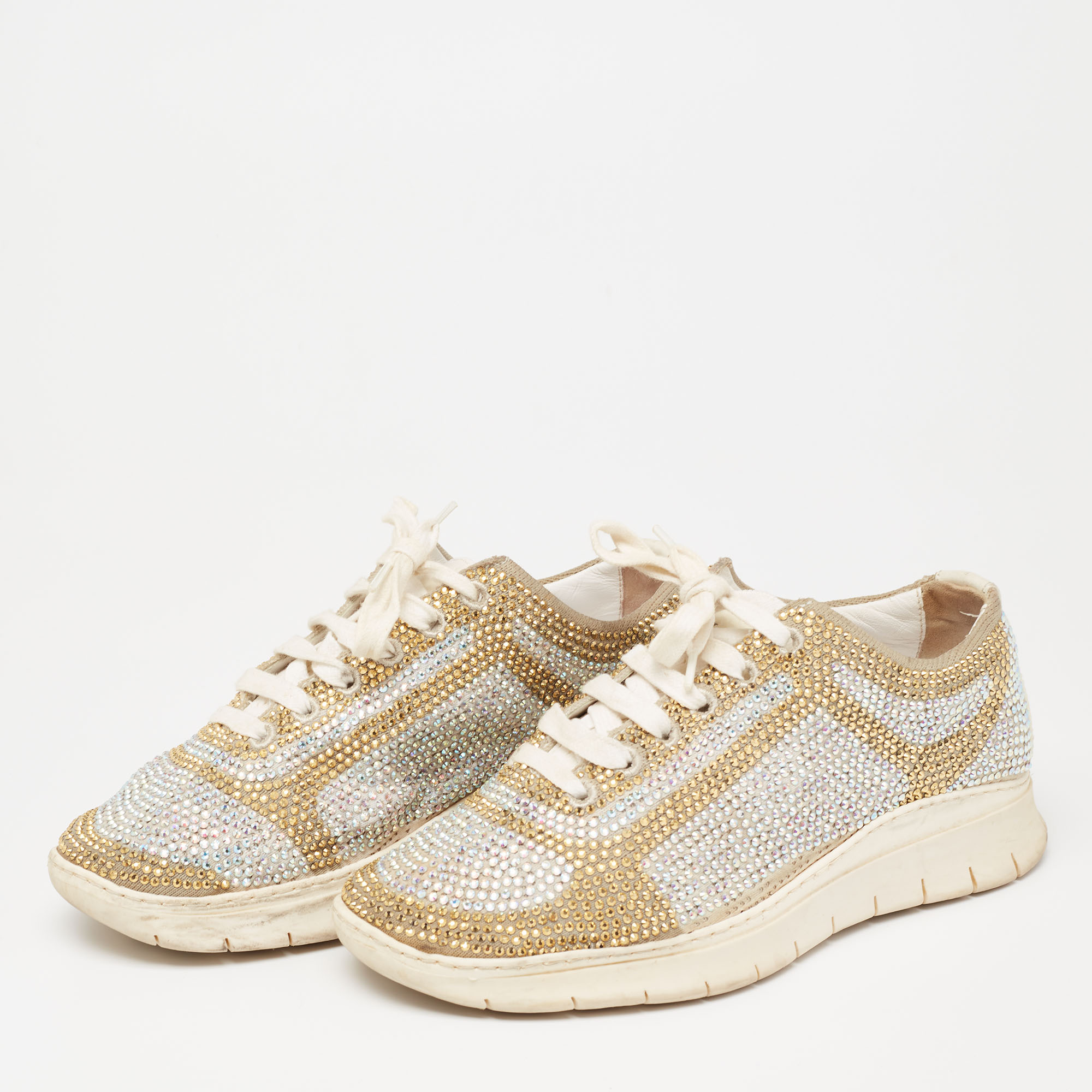 

Le Silla White Leather And Fabric Crystal Embellished Low Top Sneakers Size