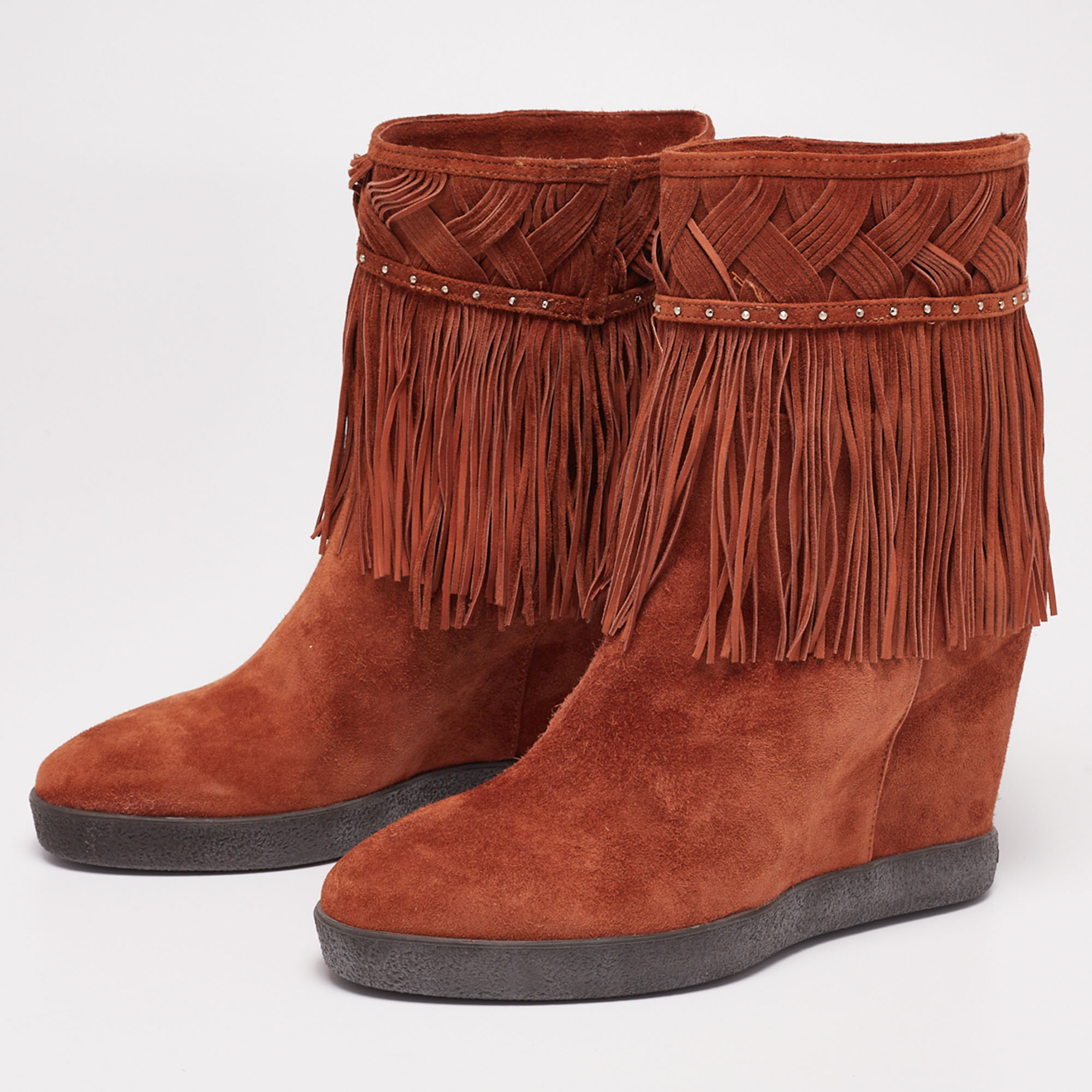 

Le Silla Brown Suede Concealed Fringed Wedge Ankle Length Boots Size