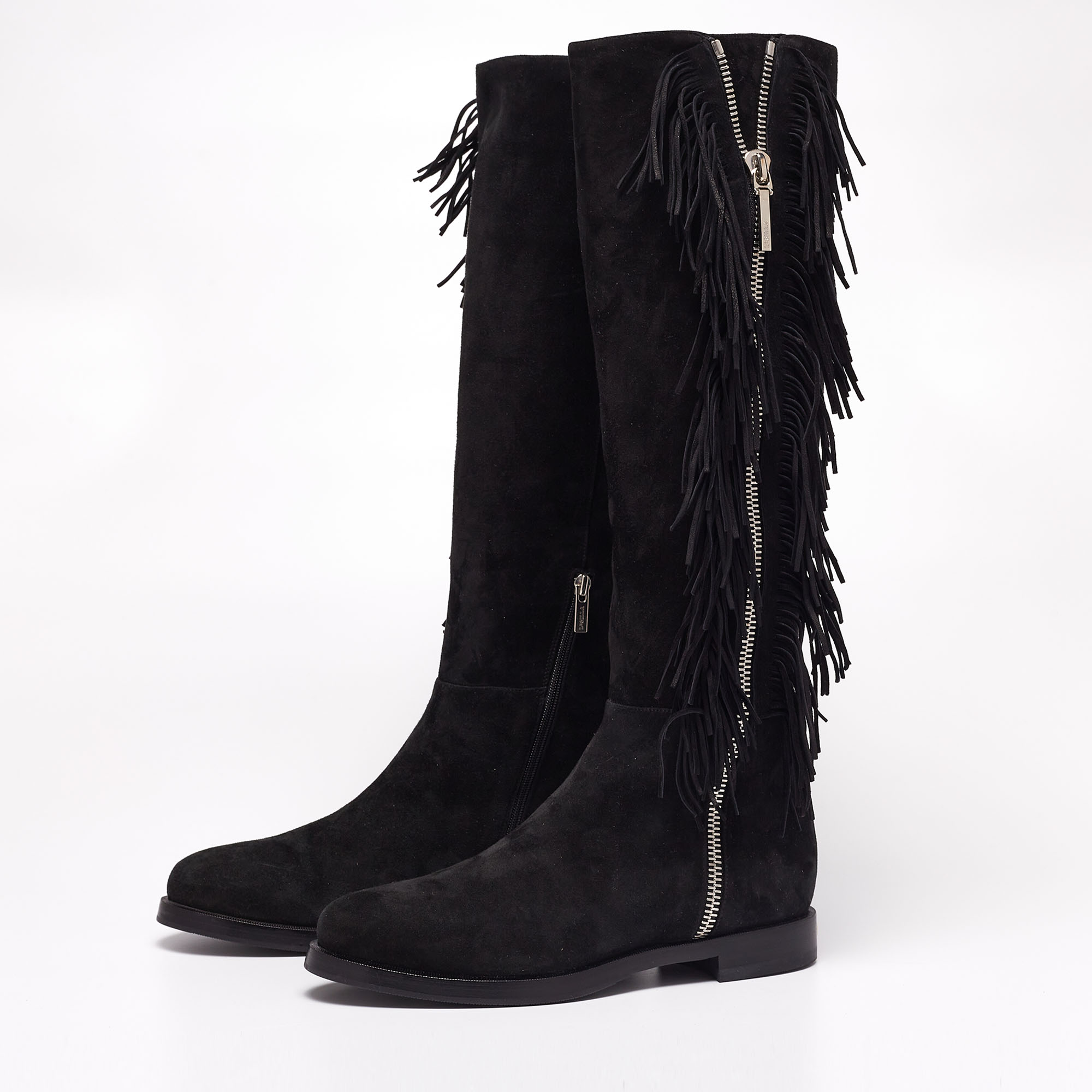 

Le Silla Black Suede Fringe Trim Knee Length Boots Size