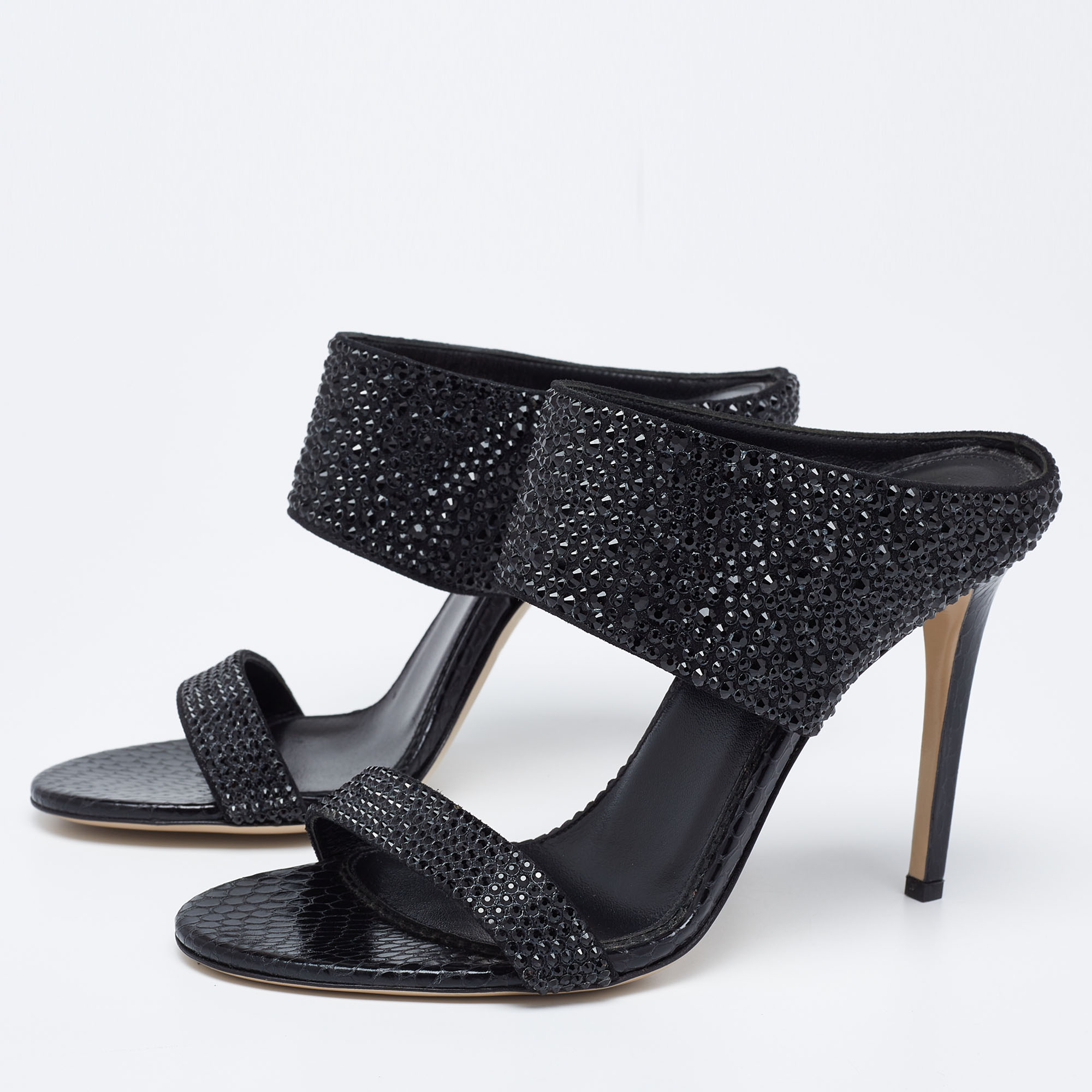 

Le Silla Black Crystal Suede Open Toe Sandals Size