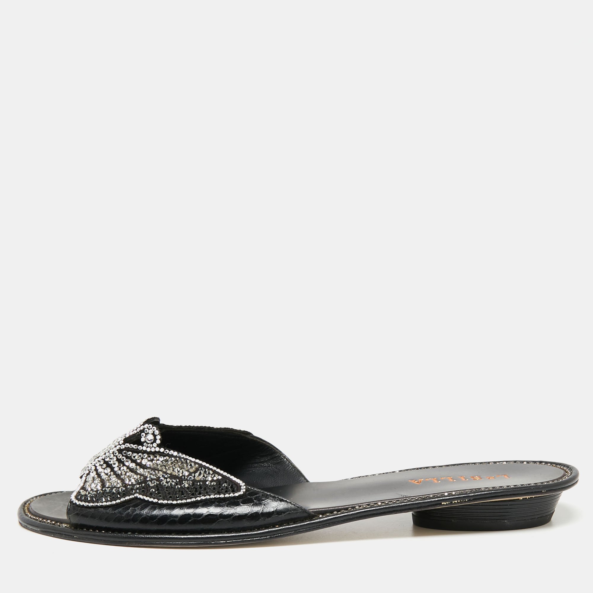 

Le Silla Black Snakeskin Embossed and Leather Butterfly Embellished Slide Sandals Size