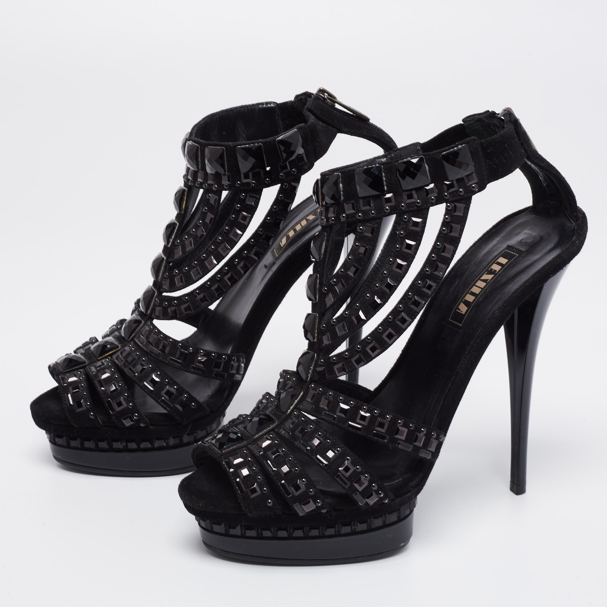 

Le Silla Black Suede T Strap Embellished Platform Sandals Size